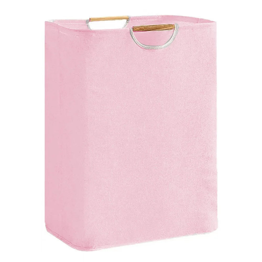 Collapsible Linen Laundry Basket with Wooden Handle