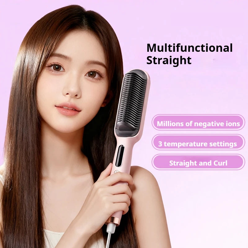 Negative Ion Hair Straightener Brush – 2-in-1 Straighten & Curl