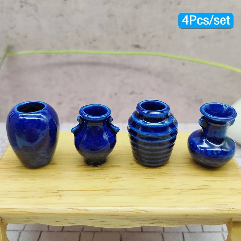 4Pcs 1:12 Dollhouse Mini Ceramic Blue Vase Jars Miniature Décor