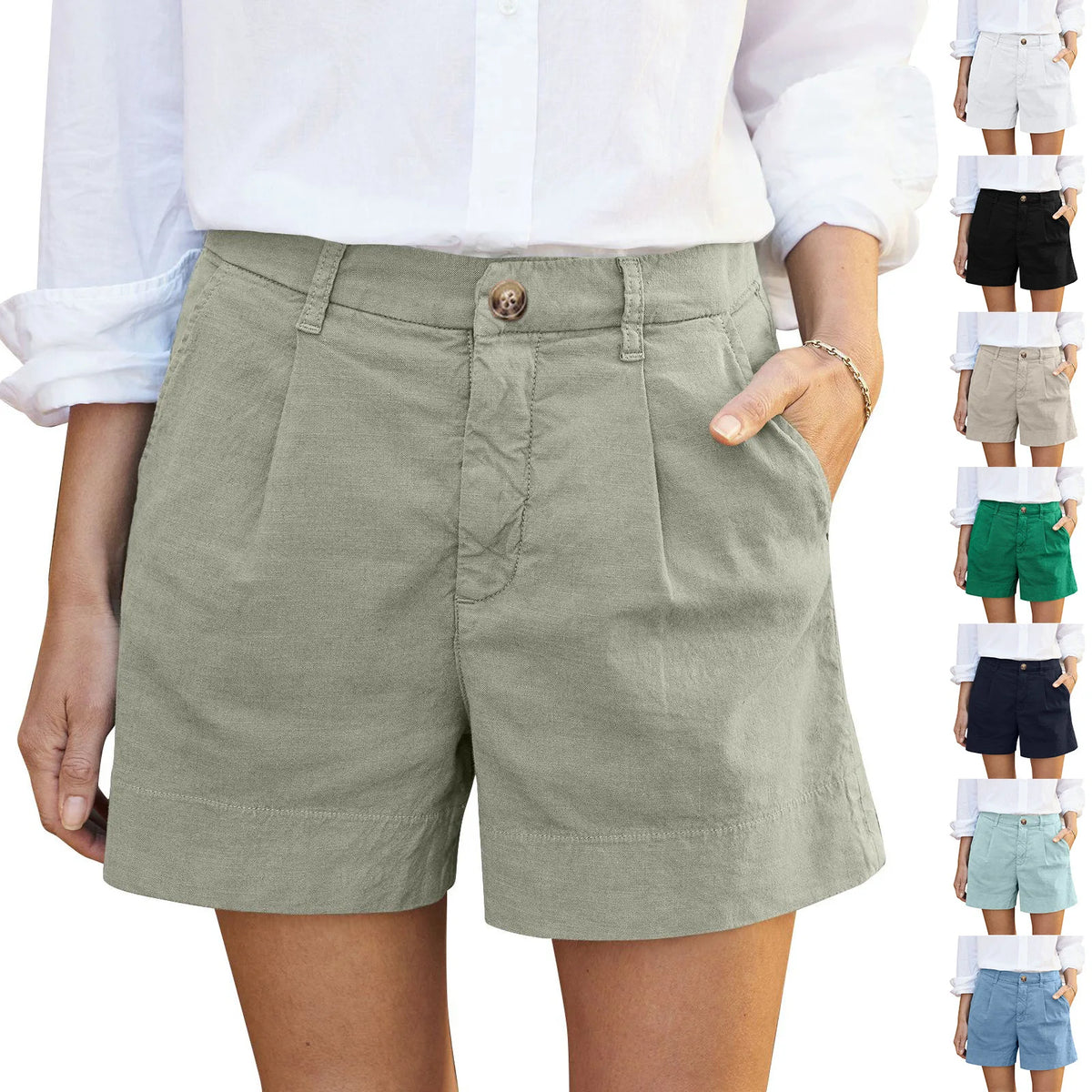 Women's Linen Shorts High Waist Wide Leg Beach Shorts & Pockets