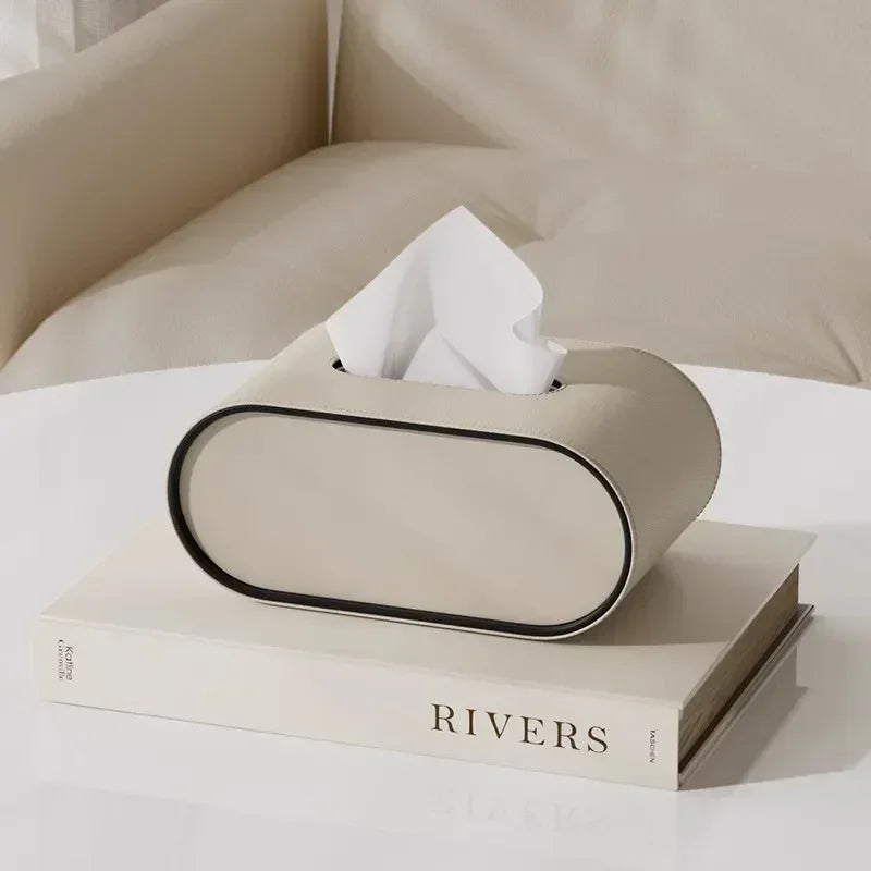 Luxury Oval Leather Tissue Box Cover – Modern Desktop Holder