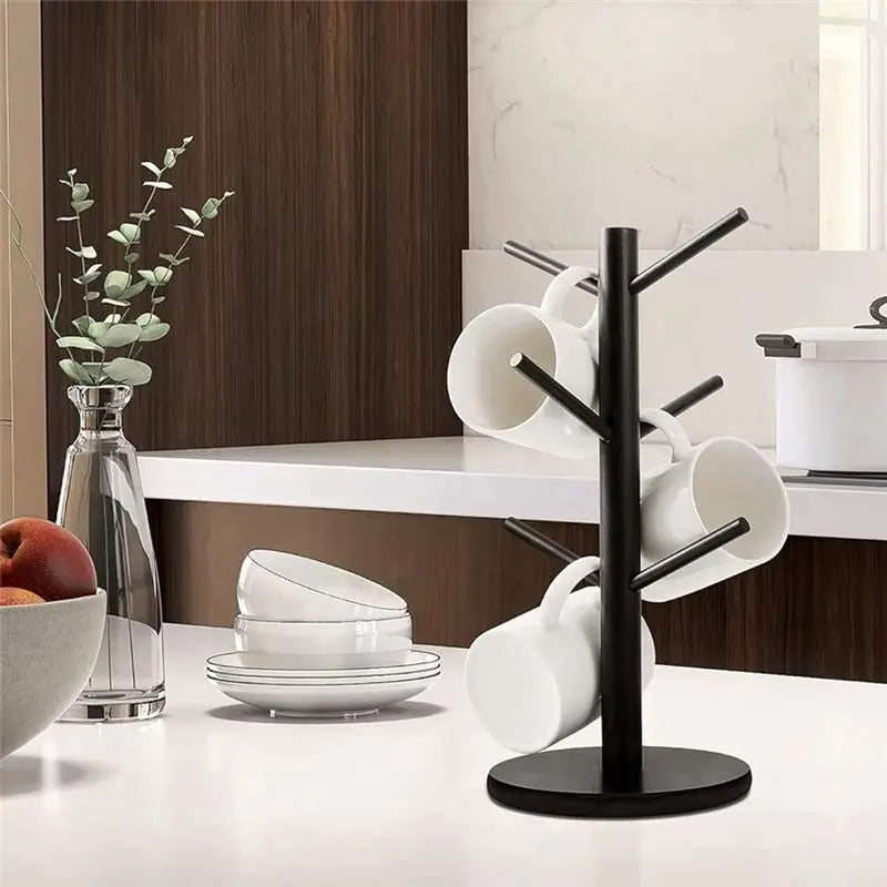 Bamboo Coffee Mug Tree 6 Hooks – Black Countertop Cup Holder