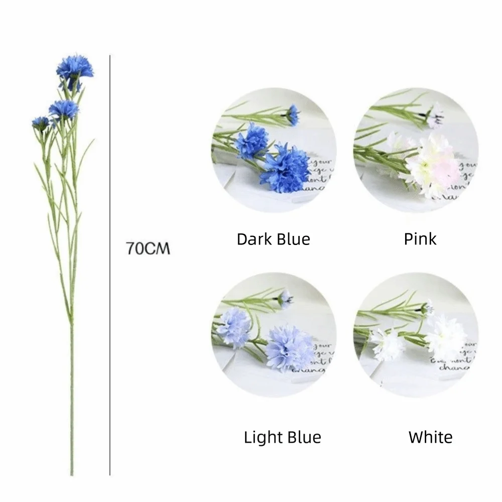 Silk Cornflower Artificial Bouquet 3 Forks Long Stem Blue