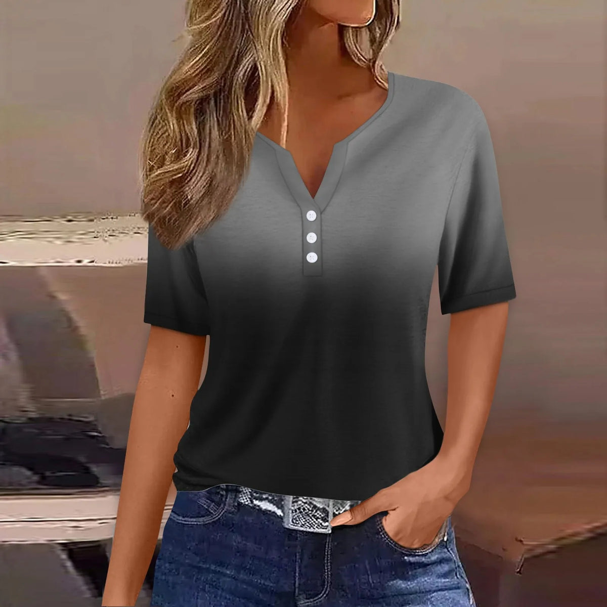 Women's V-Neck Button T-Shirt Loose Casual Top Plus Size S–XXXL