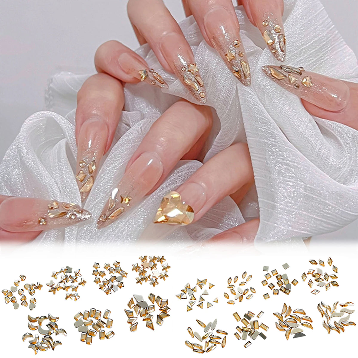 100pcs Champagne Gold Nail Rhinestones – Irregular Crystal Gems Set
