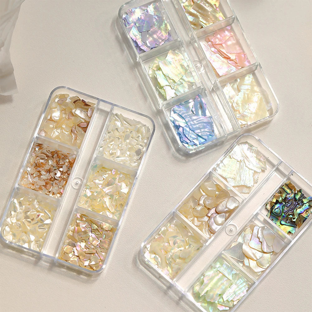 6-Grid Abalone Shell Nail Art Iridescent Pearl Flakes Manicure Set