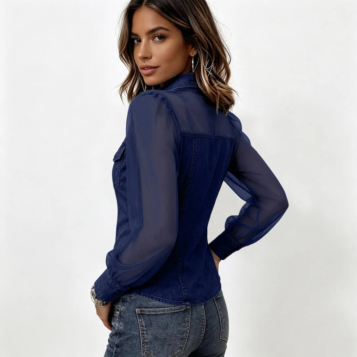 Women's Sheer Sleeve Button-Down Blouse | Elegant Collared Top