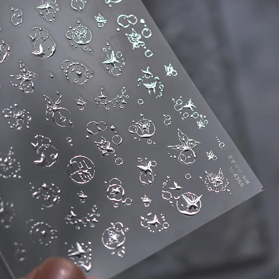 5D Embossed Silver Metallic Nail Art Stickers – Stars & Bows