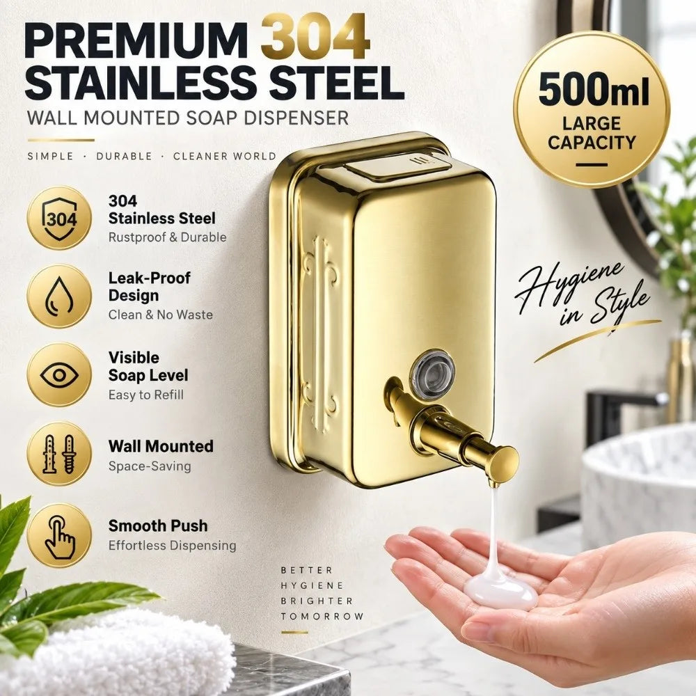 Gold Wall Mount Soap Dispenser – 304 Stainless Steel 500ml