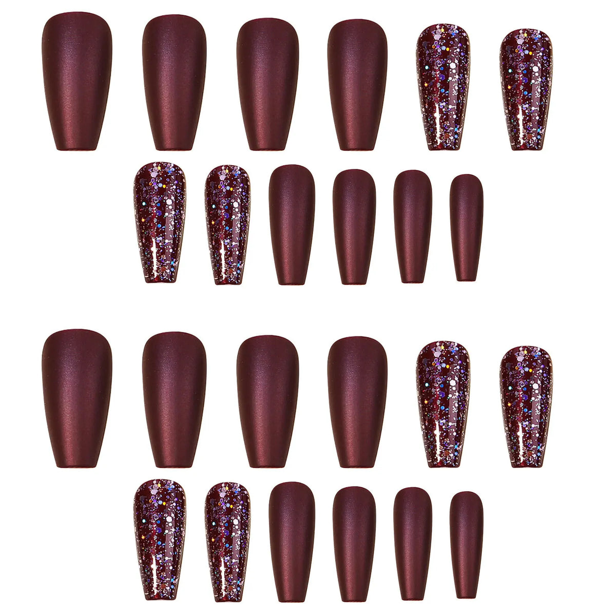 Burgundy Matte Coffin Press On Nails 24pc Holographic Glitter