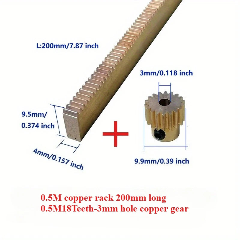 Brass 0.5M Rack & 18T Spur Gear Set – 200mm Copper Pinion