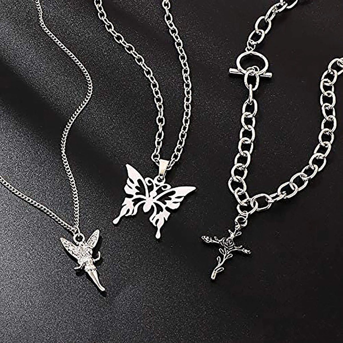 Y2K Layered Butterfly Lock Pendant Necklace Set – Crystal Choker