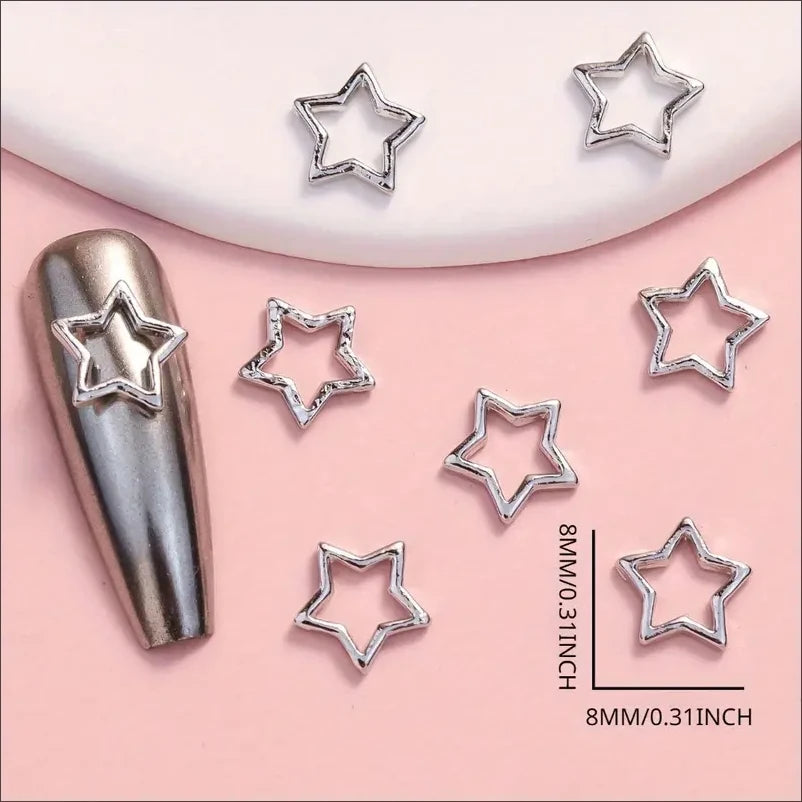 20Pcs 3D Punk Star Nail Charms – Hollow Pentagram Metal Art