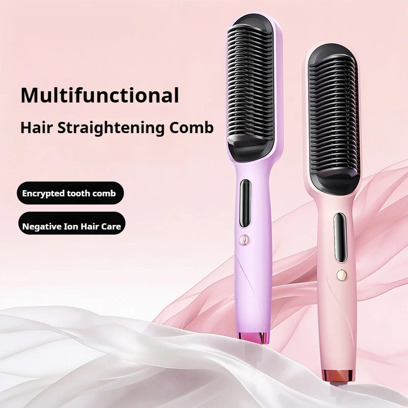 Negative Ion Hair Straightener Brush – 2-in-1 Straighten & Curl