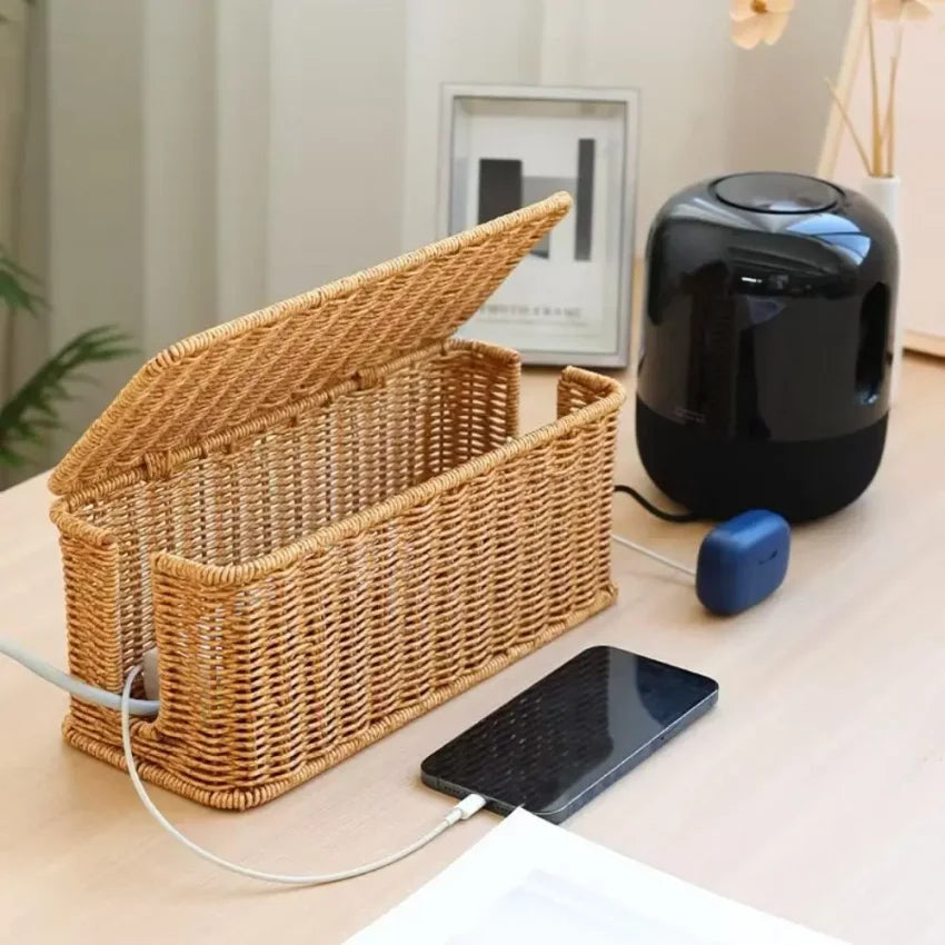 Handwoven Rattan Cable Management Box – Cord Organizer