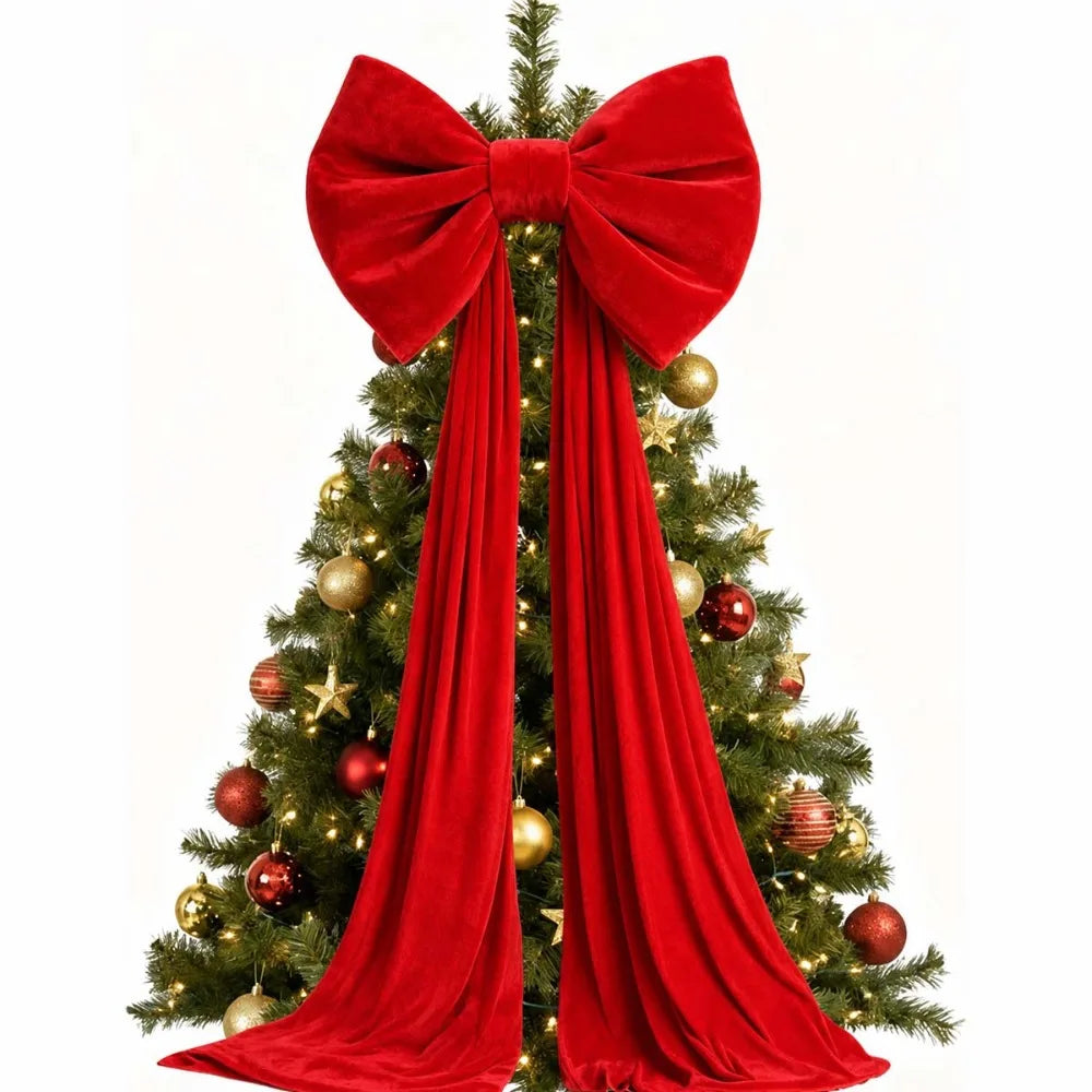 Large Velvet Christmas Tree Bow with Long Tails – 6 Pack
