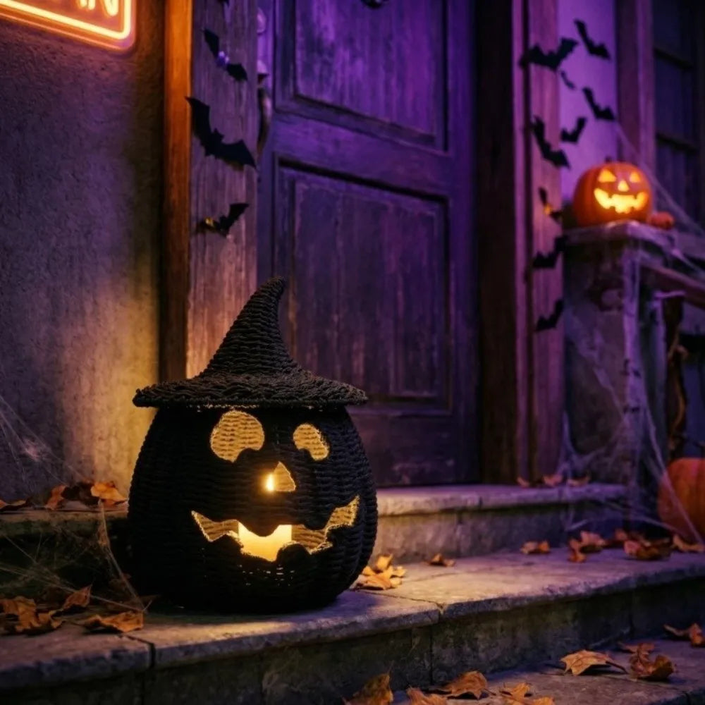 Halloween Woven Seagrass Pumpkin Basket | Witch Hat & LED