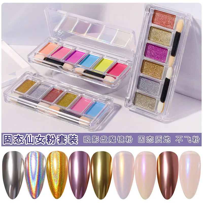 6-Color Solid Mirror Nail Powder – Aurora Holographic Glitter Set