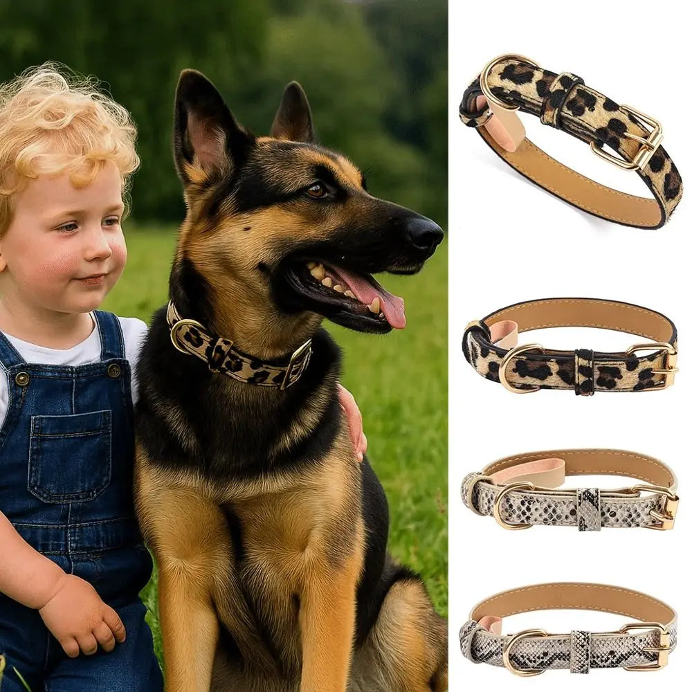 Leopard Print PU Leather Dog Collar – Adjustable S/M/L