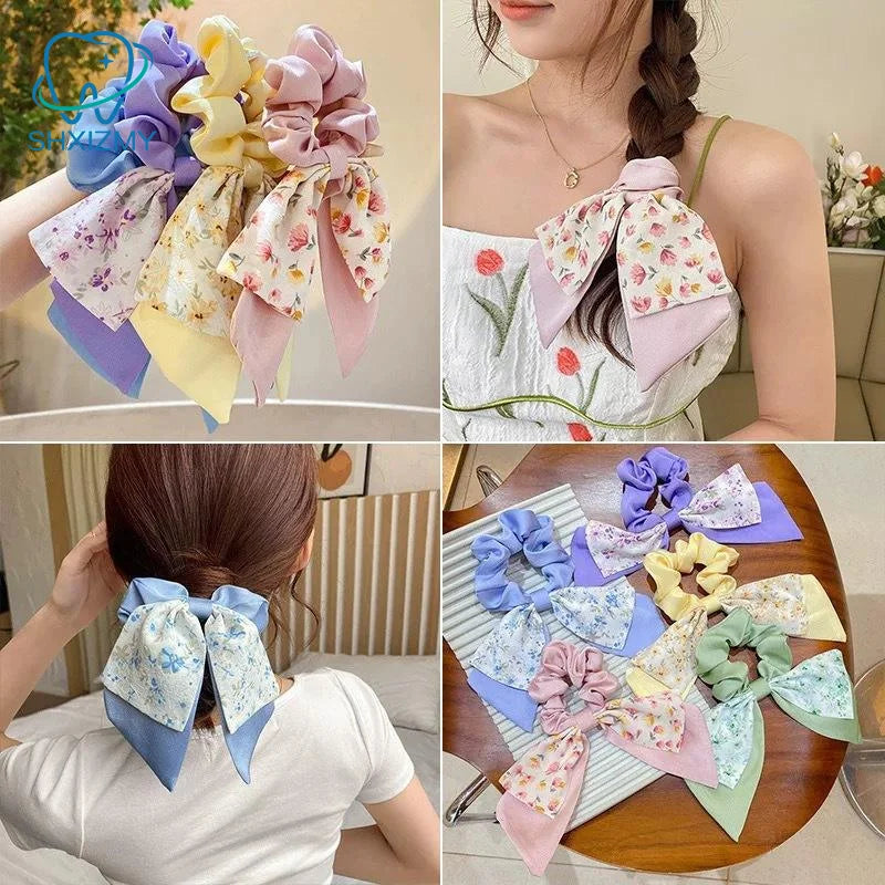 Floral Bow Satin Scrunchie – Ribbon Hair Band for Women