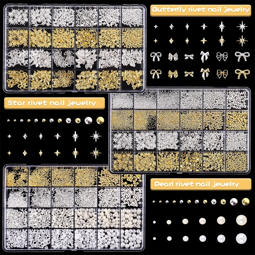 12-Size 3D Nail Art Rhinestones & Studs Set – Gold & Silver