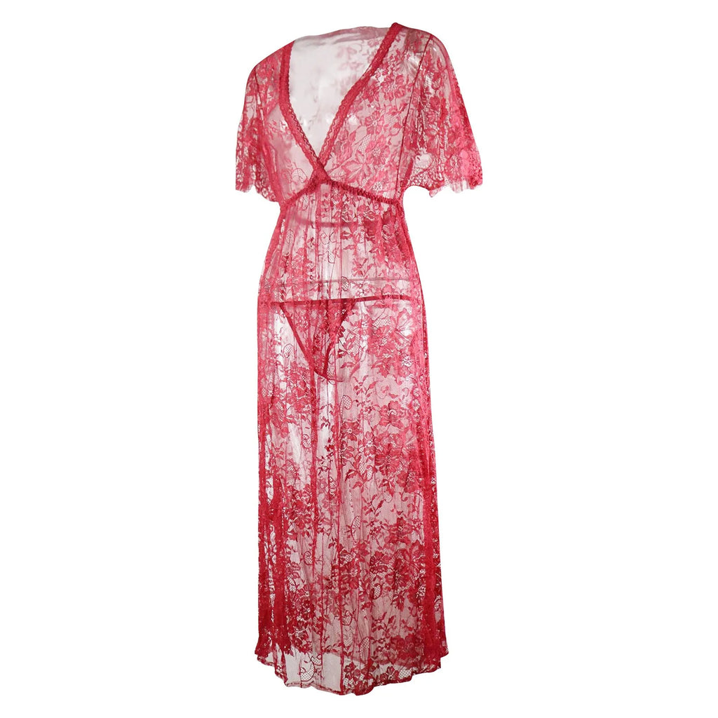 Women's Lace Nightgown & Briefs Set – Deep V Sheer Sleep Dress