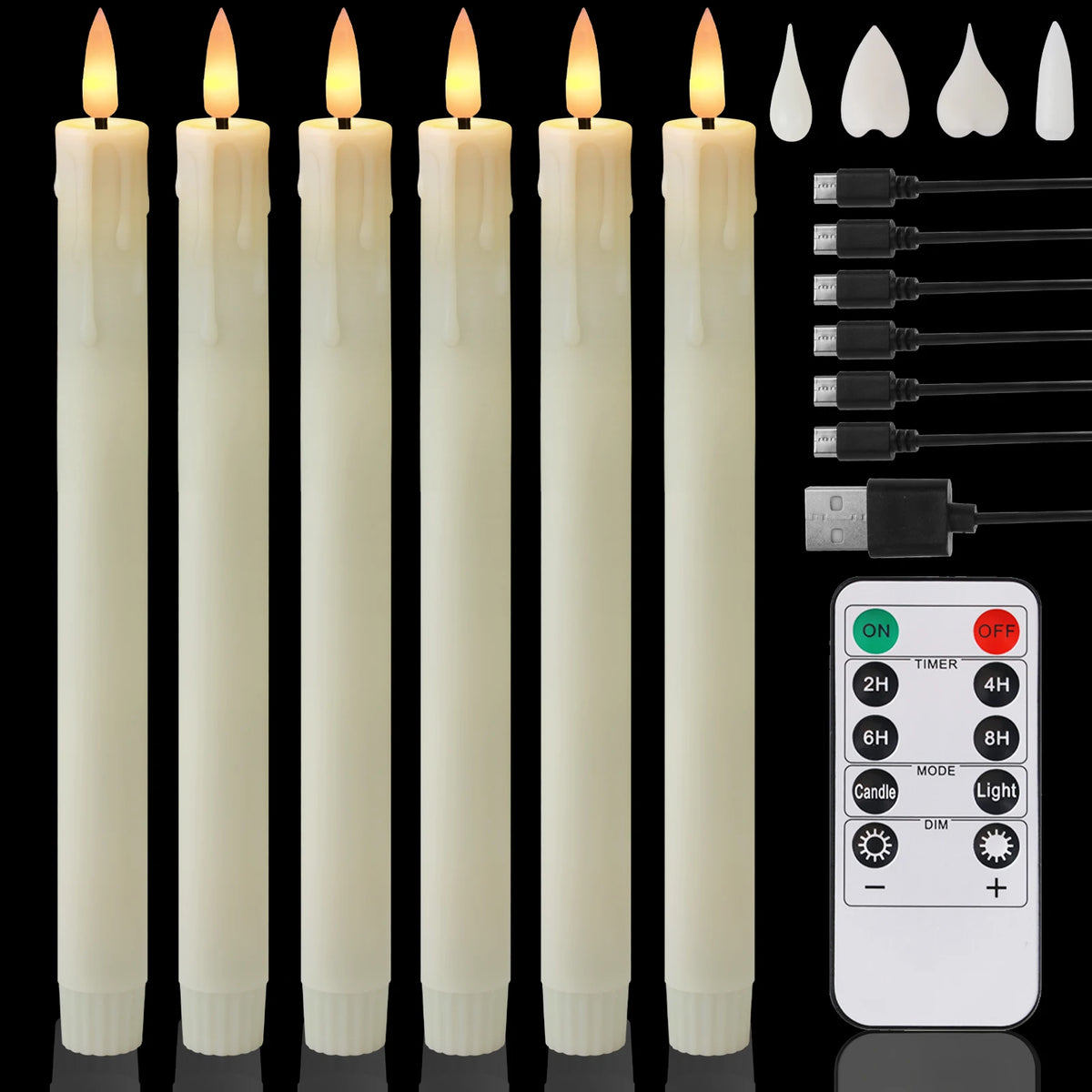 Flameless LED Taper Candles Remote 6-Pack Rechargeable 9.6"