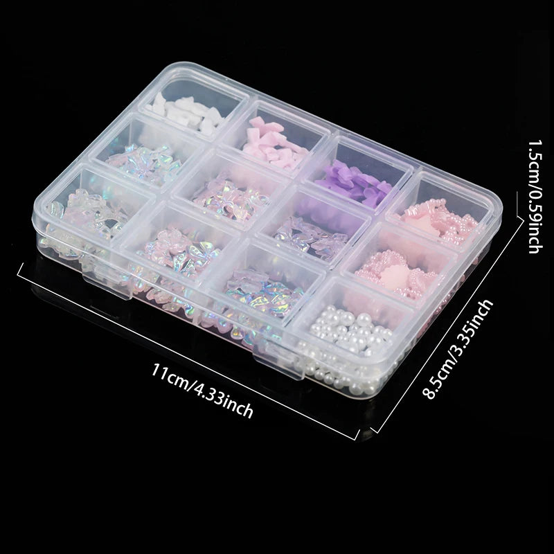 12-Grid 3D Resin Nail Art Charms – Bowknot Bear Heart Flower