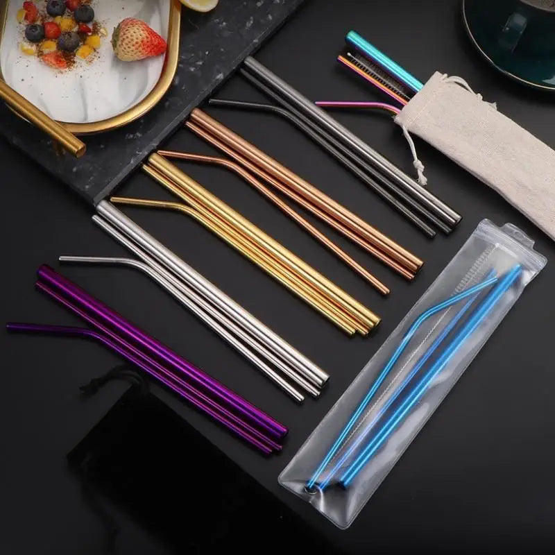 4-Pack Reusable Stainless Steel Straws with Cleaner Brush