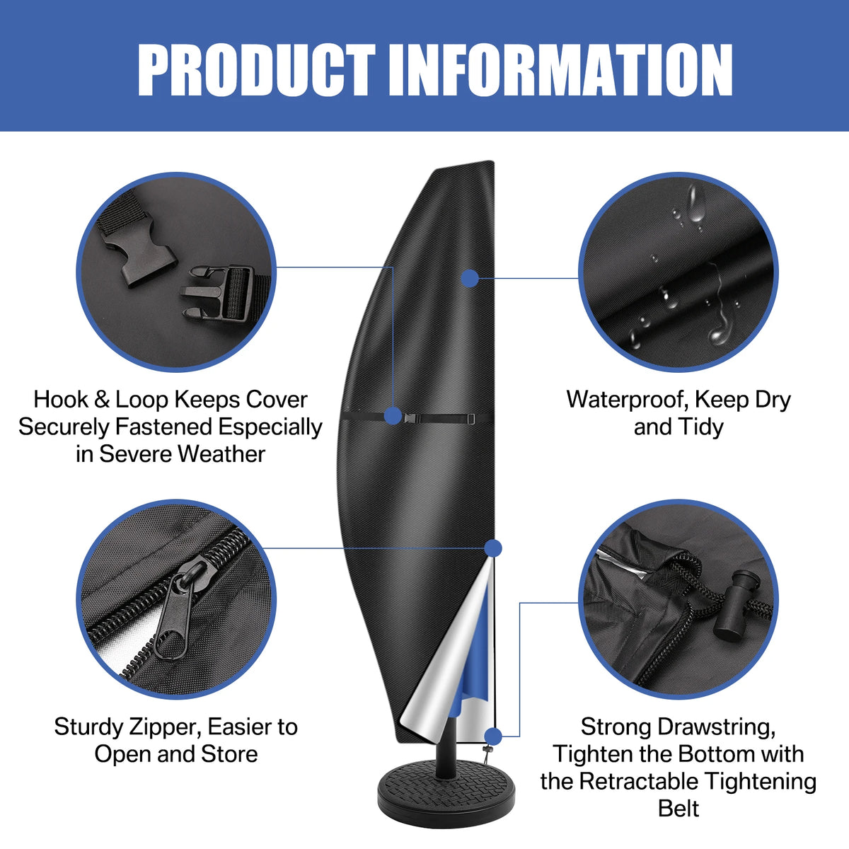 Waterproof Garden Parasol Cover 210D PU Coating with Zipper