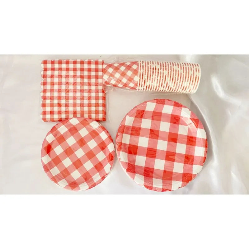 Red Gingham Party Supplies Set – 175-Piece Disposable Tableware