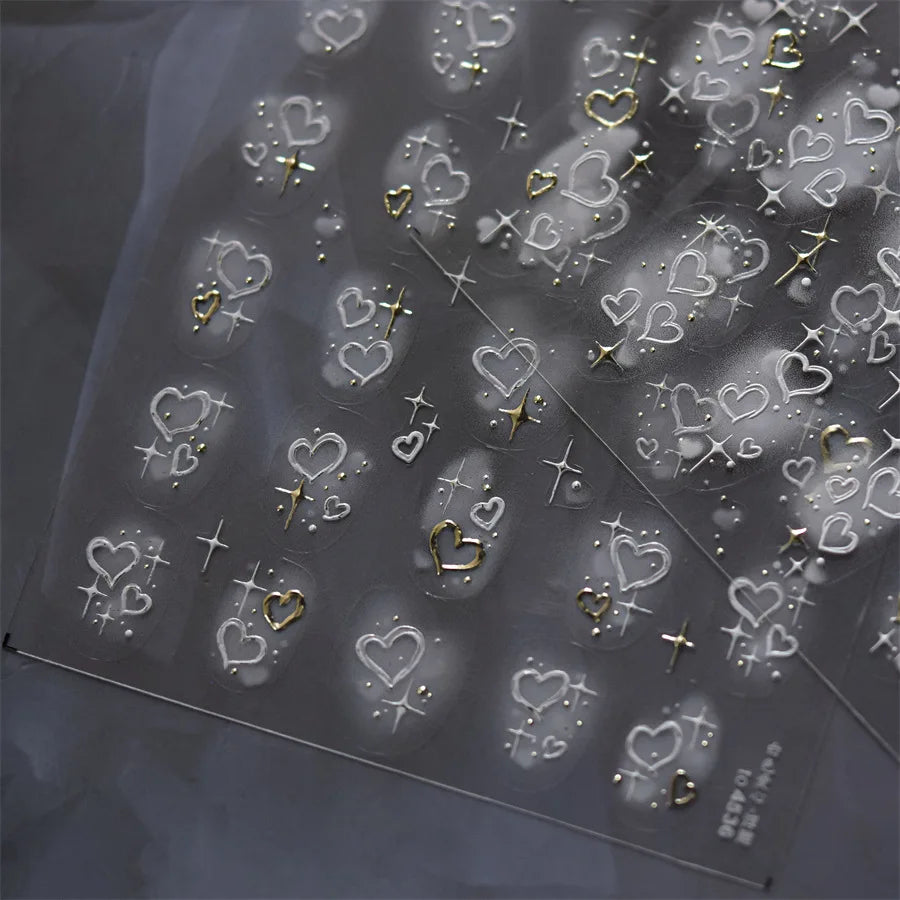 5D Relief Nail Art Stickers – Gold Silver Heart Decals