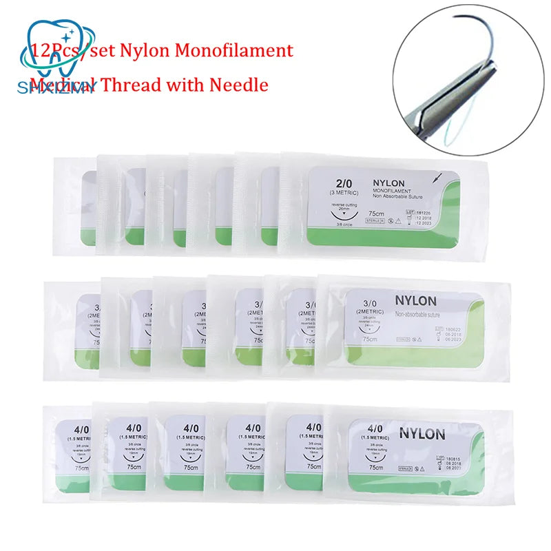 12-Pc Suture Practice Kit Nylon Needles 2/0 3/0 4/0 5/0 Training