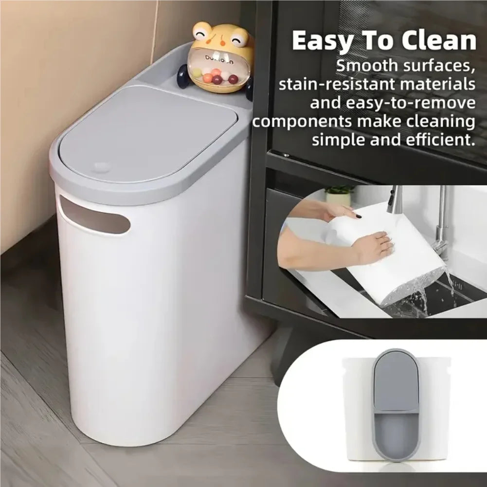 Large Press-Lid Bathroom Trash Can – Plastic Waste Bin
