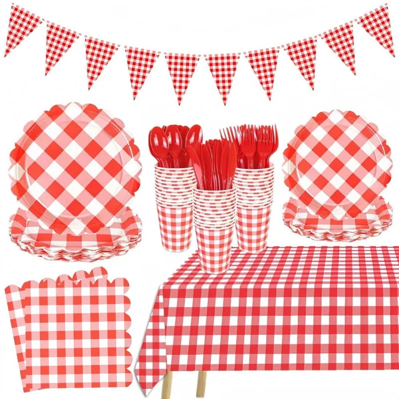 Red Gingham Party Supplies Set – 175-Piece Disposable Tableware