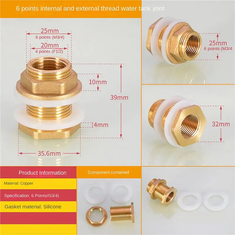 6-Set Solid Brass Bulkhead Fitting 1/2" Female x 3/4" Male