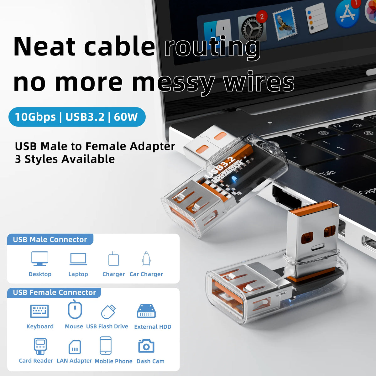 USB 3.2 Right Angle Adapter 10Gbps 60W Fast Charging OTG
