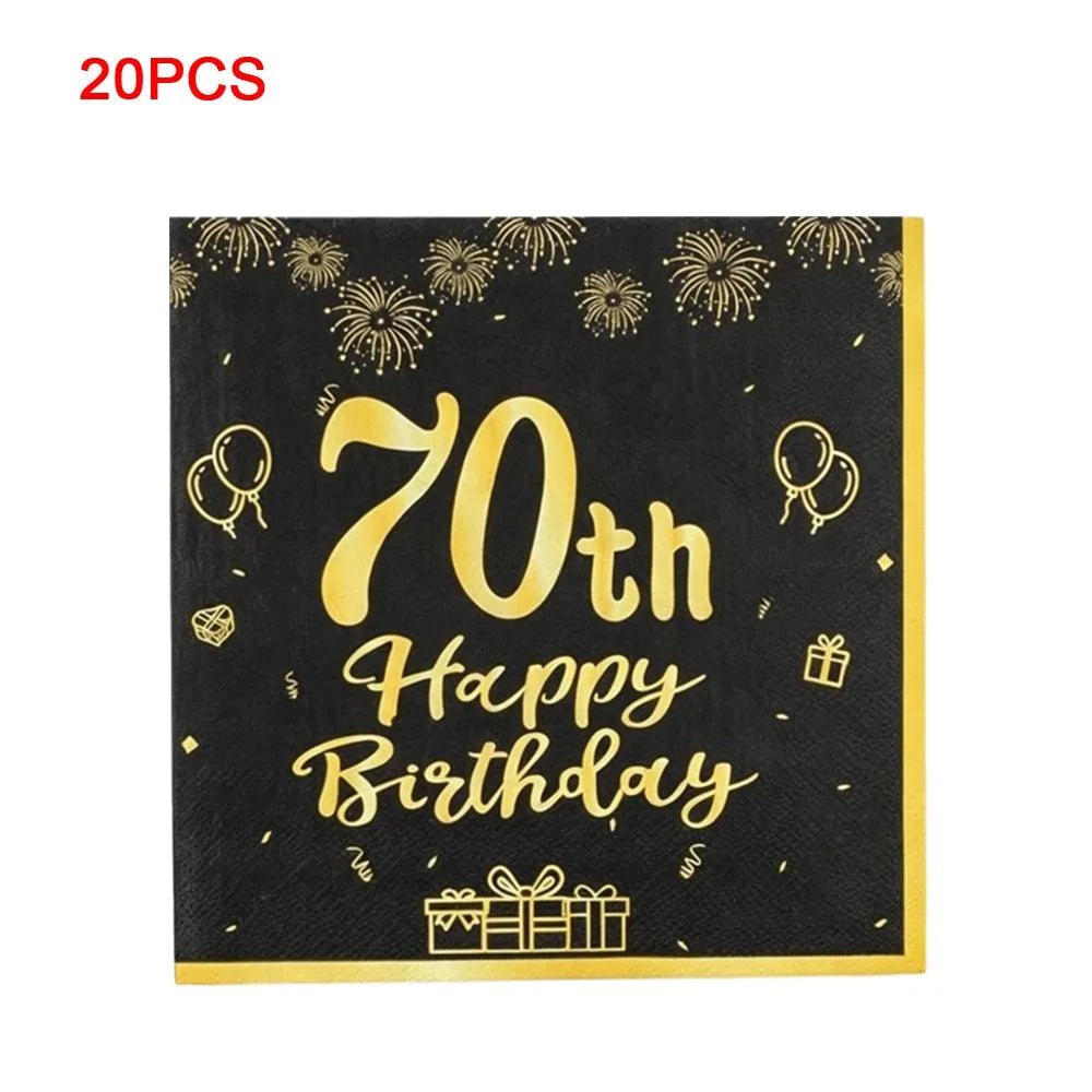 Happy Birthday Party Napkins White & Black Gold Design 20pk