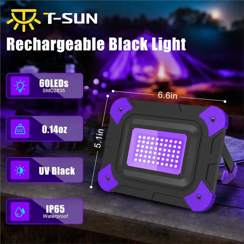 Rechargeable UV Black Light Flood Light – 60 LED IP65, 2-Pack