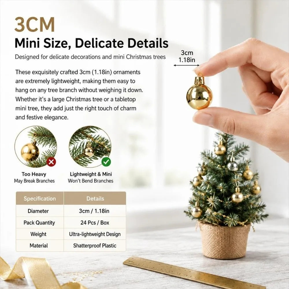 24-Pack Glitter Christmas Baubles 3cm Electroplated Tree Ornaments
