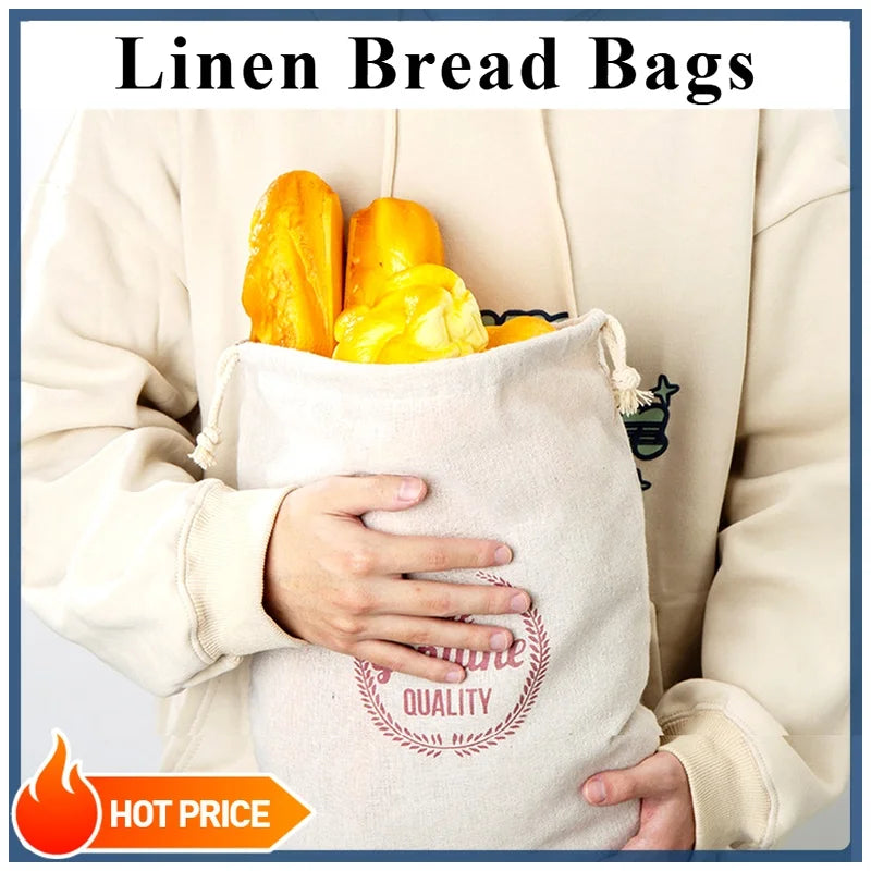 Reusable Linen Bread Bags with Drawstring | Natural Storage