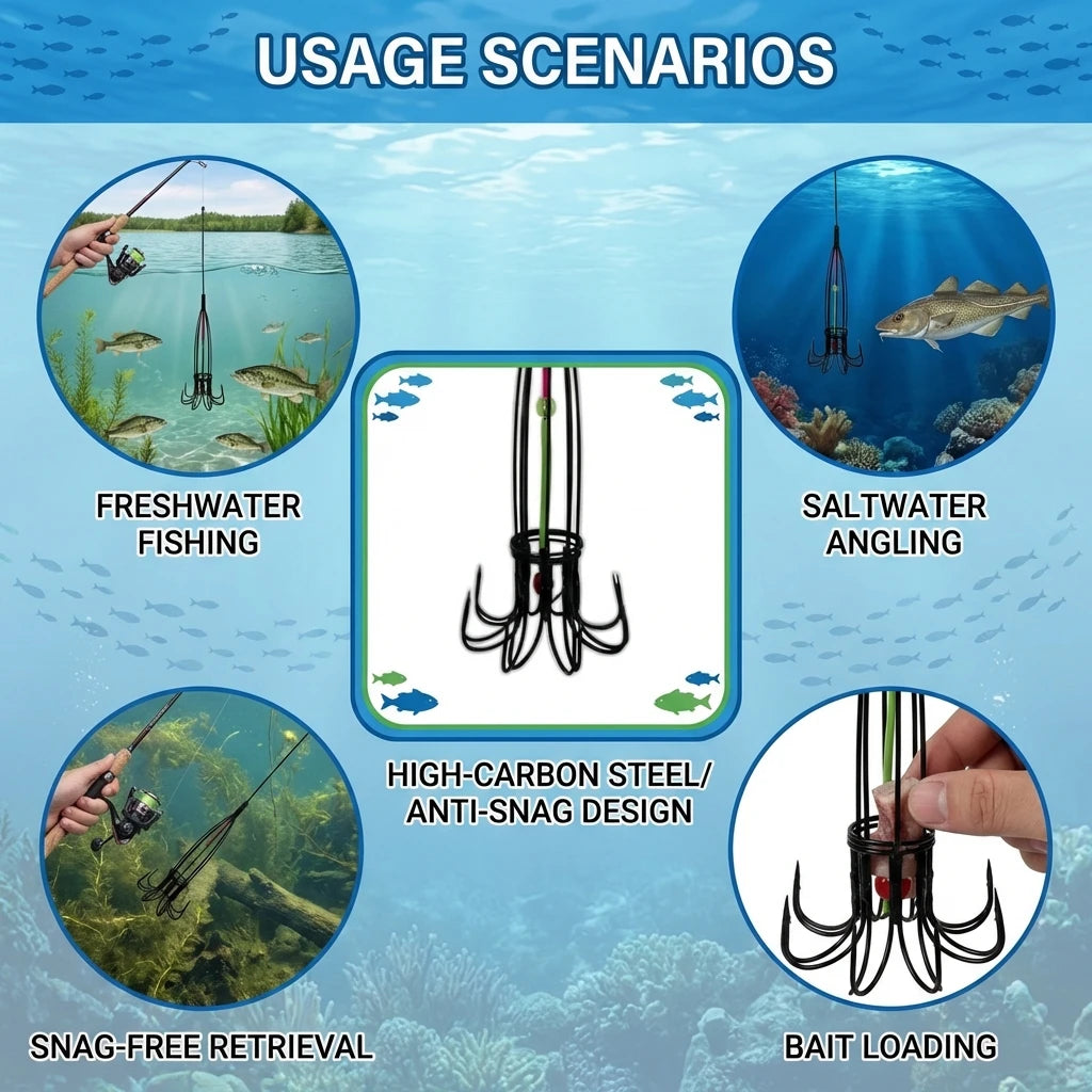 Octopus Fishing Hooks with Bait Cage – Snag-Proof Anchor