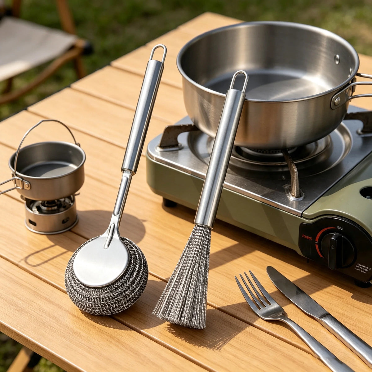 Stainless Steel Long Handle Pot Brush Set – 2-Piece Scrubber