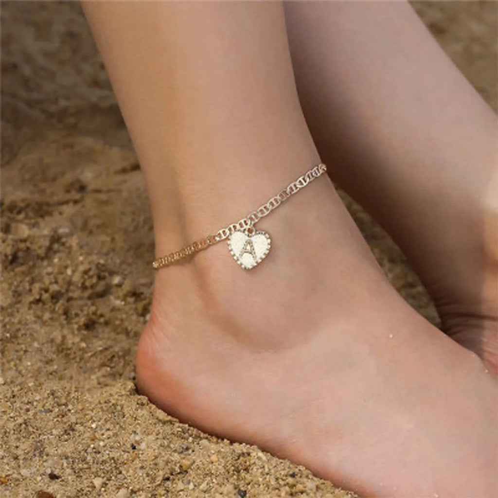 Gold Initial Anklet – Adjustable Heart Letter Charm Bracelet