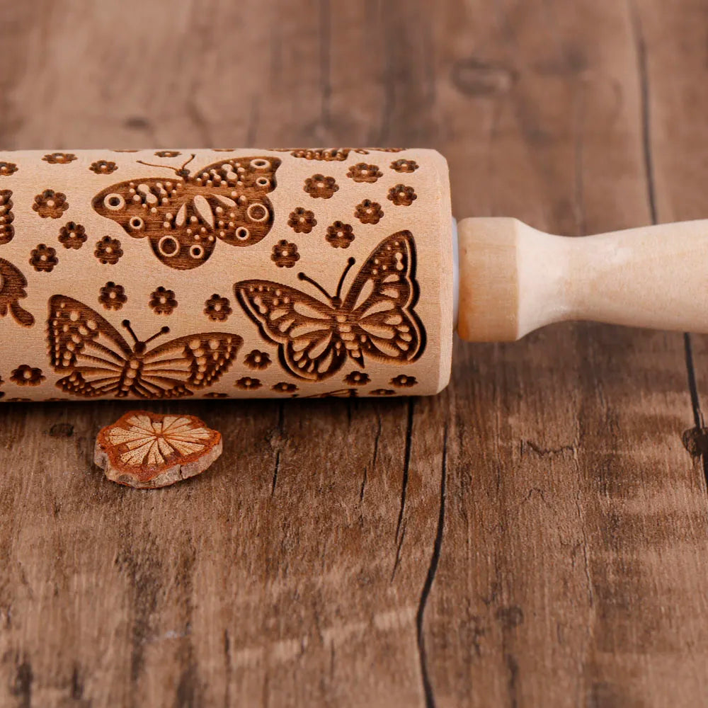 Wooden Embossed Rolling Pin – Butterfly & Floral Cookie Stamp