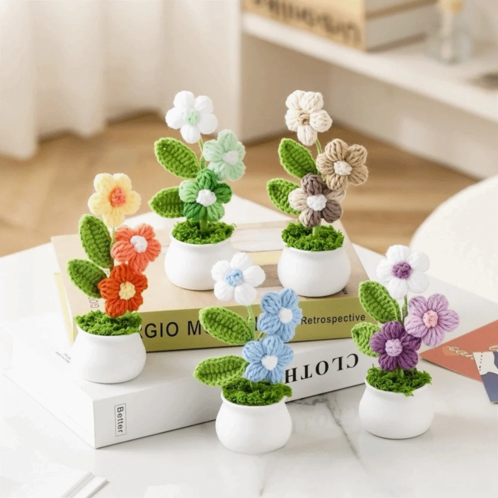 Mini Handwoven Crochet Rose Flower Pot – Decorative Gift