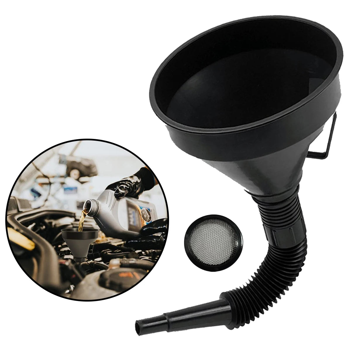 Wide Mouth Oil Funnel – Flexible Hose & Mesh Filter, Spill-Proof