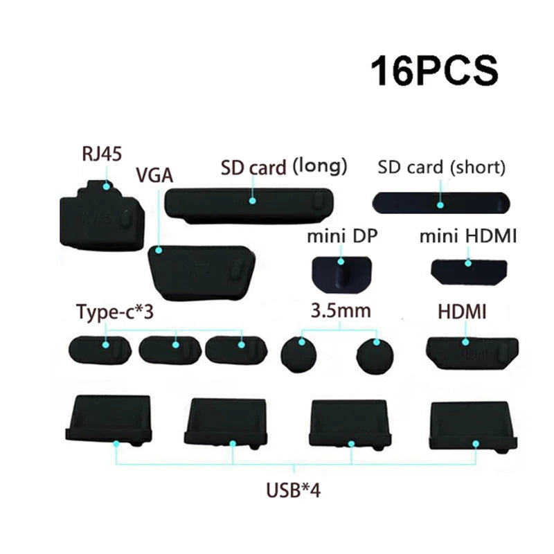 16-Pc Silicone Laptop Port Dust Plug Cover Set – Universal USB
