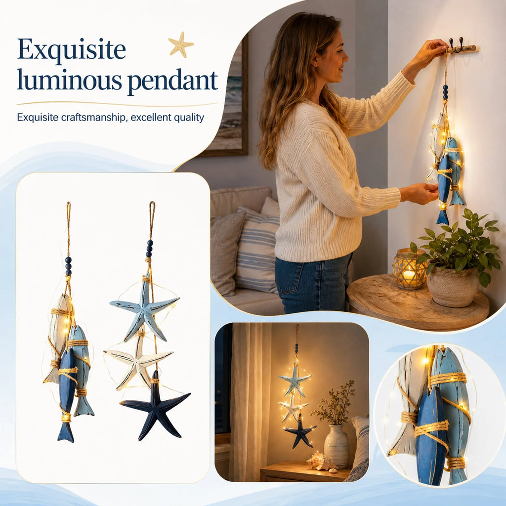 Mediterranean Wooden Wall Hanging with LED Lights & Fish Decor