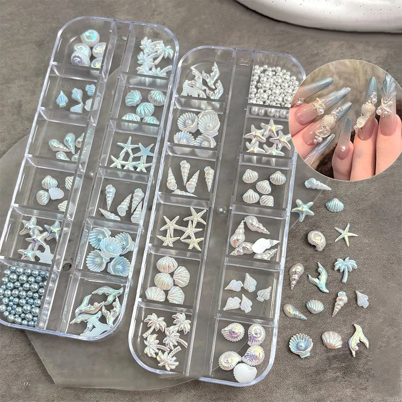 12-Grid Ocean 3D Nail Charms – Shells, Starfish & Mermaid